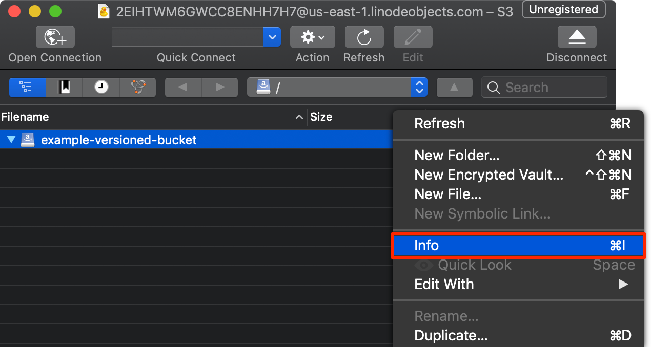 Select &ldquo;Info&rdquo; from the bucket&rsquo;s context menu.