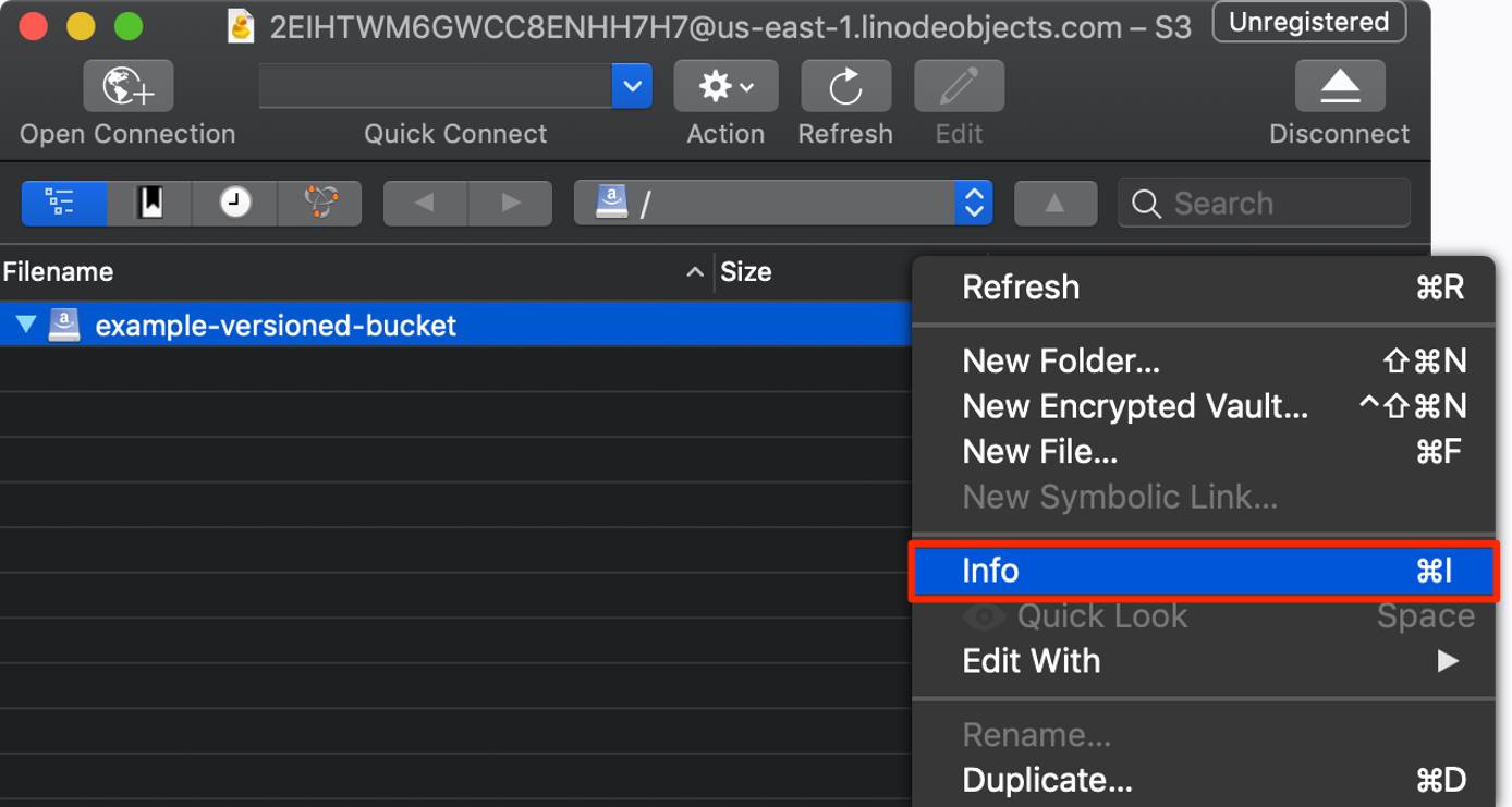 Select &ldquo;Info&rdquo; from the bucket&rsquo;s context menu.