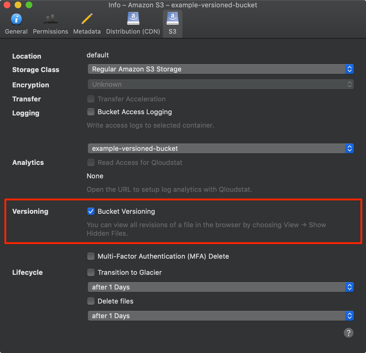 Select the S3 menu heading to view the S3 specific bucket settings.