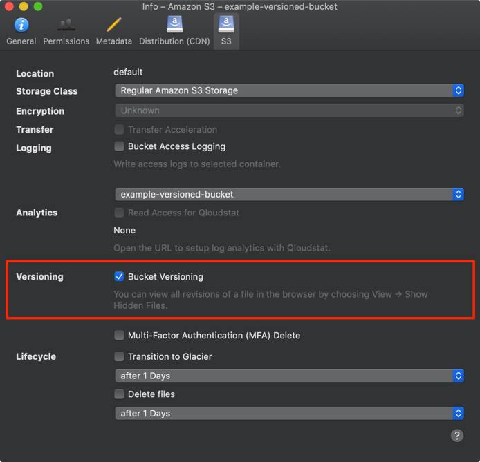 Select the S3 menu heading to view the S3 specific bucket settings.