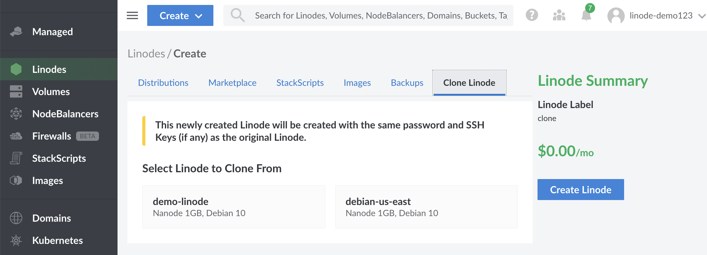 Select the &lsquo;Clone Linode&rsquo; tab to clone an existing Linode.