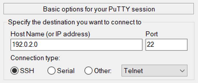 Screenshot of the destination server details form on PuTTY