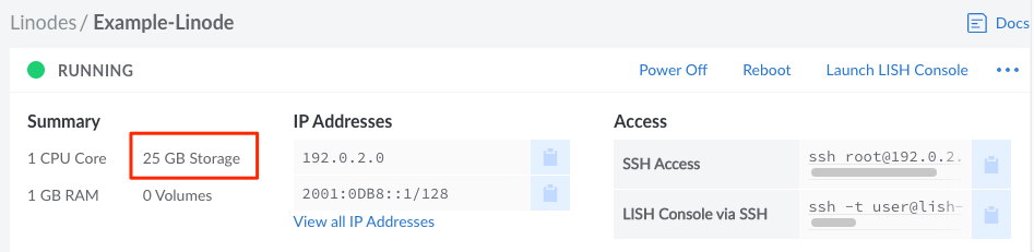 Viewing the total storage on a Linode