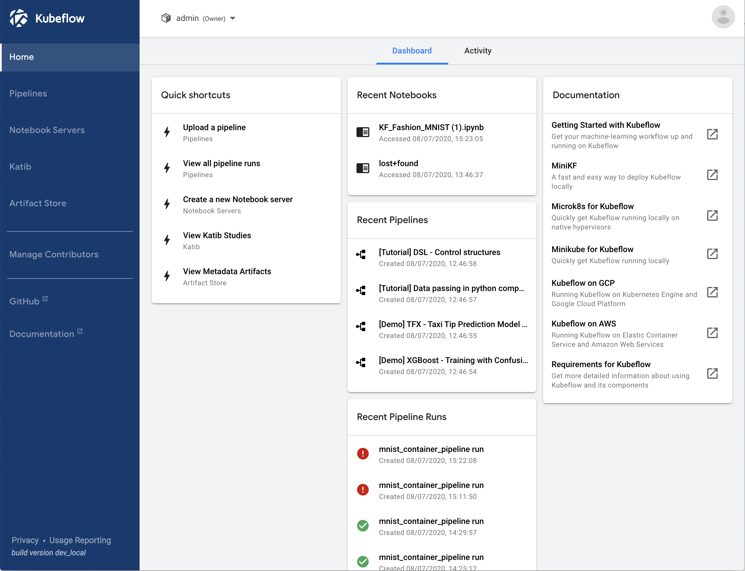 Kubeflow&rsquo;s dashboard