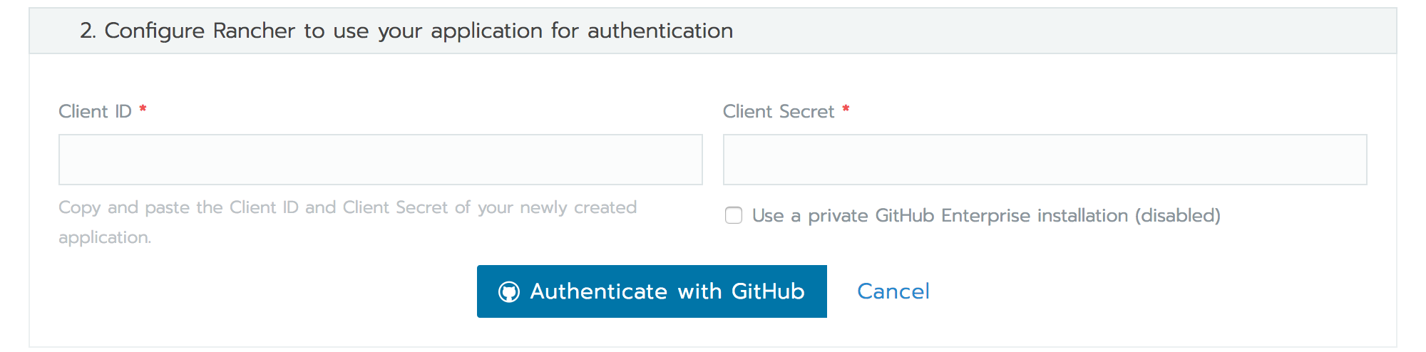 Rancher Authentication page - Client ID and Secret form