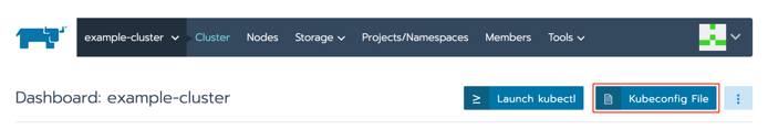 Rancher cluster dashboard - kubeconfig button highlighted