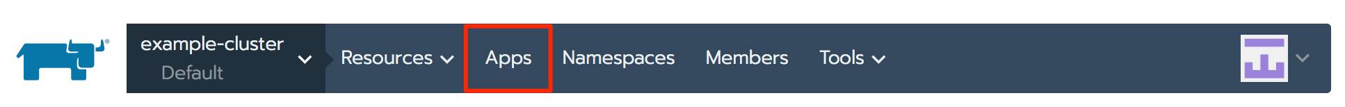 Rancher project navigation bar - Apps highlighted