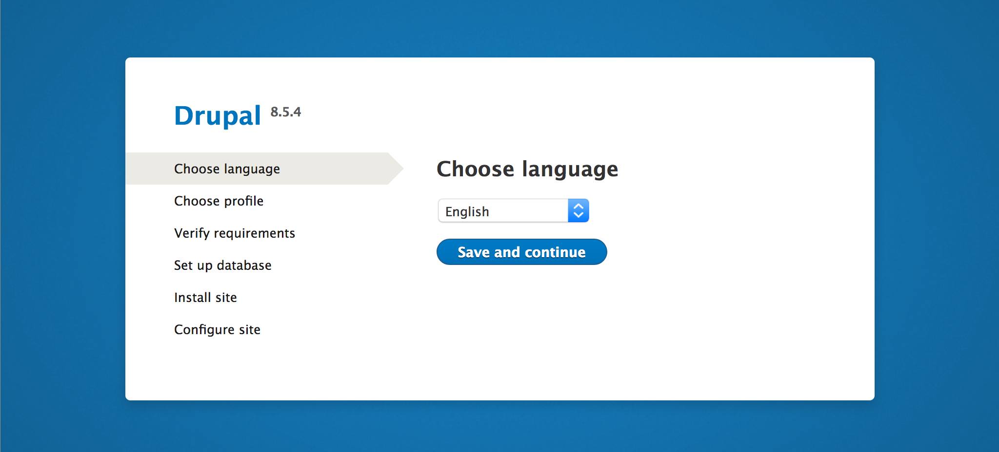 Drupal setup screen in the web browser - 'Choose language' page Drupal setup screen in the web browser - ‘Choose language’ page