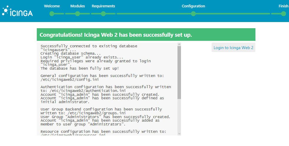 Icinga Successfully Set up - &ldquo;Login to Icinga Web 2&rdquo; button