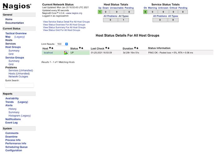 Nagios page displaying monitoring status Nagios page displaying monitoring status