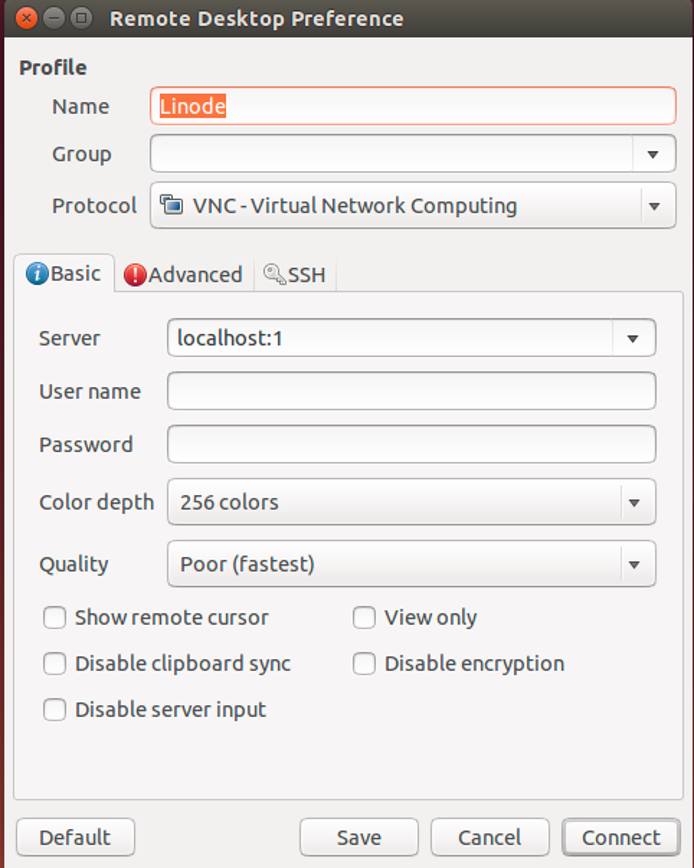 Settings for a Remmina remote desktop connection.