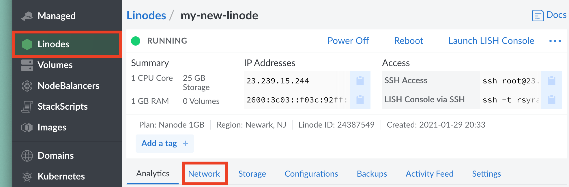 Linode Manager / Networking Tab