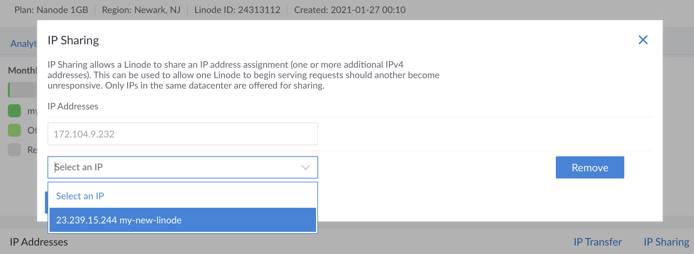 Select a Linode to share an IP address with.