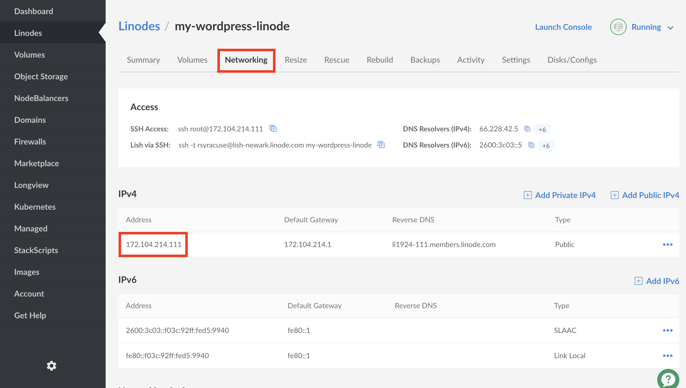 View your IP address from the Networking tab of the Linode detail page