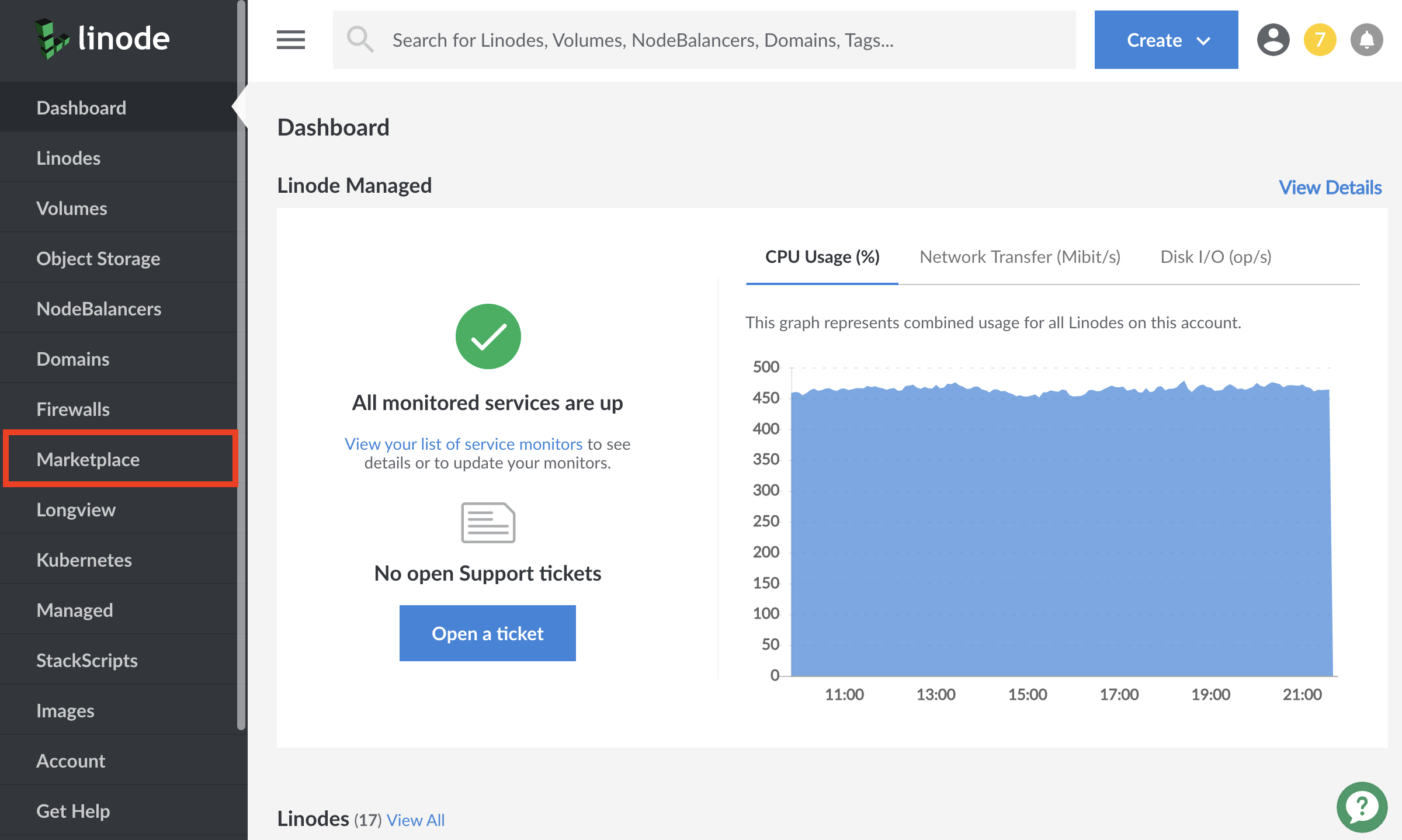 Click &lsquo;Create&rsquo; at the top of the screen and choose &lsquo;Linode&rsquo; from the dropdown menu