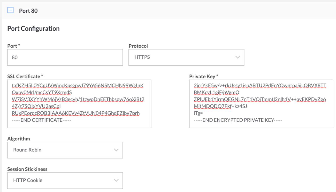 The NodeBalancer Certificate and Private Key fields.