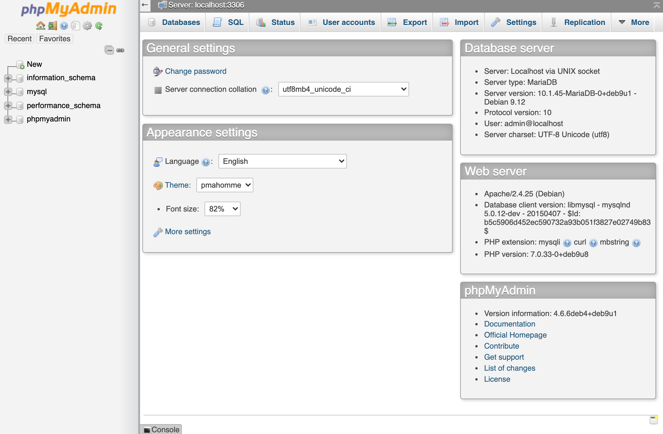 phpMyAdmin Dashboard