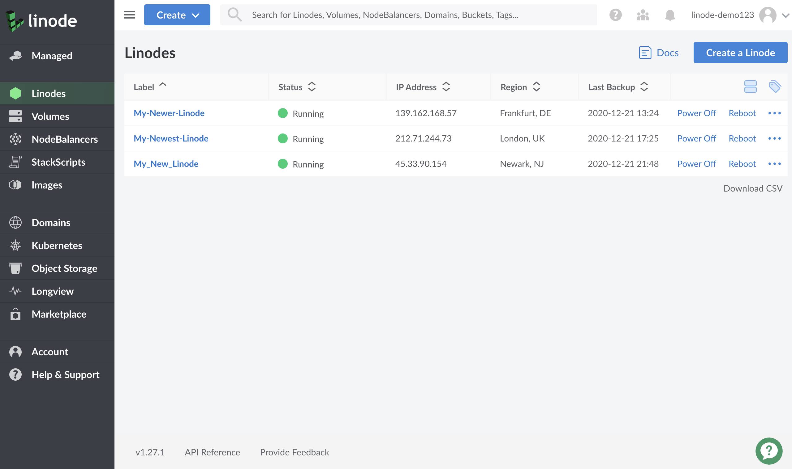 Linode Cloud Manager dashboard - Linodes sidebar link highlighted