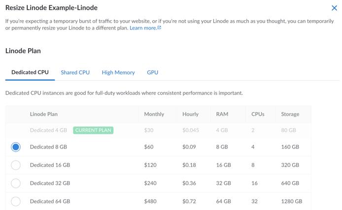 The Resize Linode panel in the Cloud Manager
