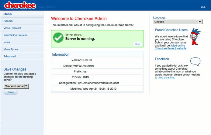 The cherokee-admin web server administration interface running on an Ubuntu Linux 10.04 LTS (Lucid) Linode.
