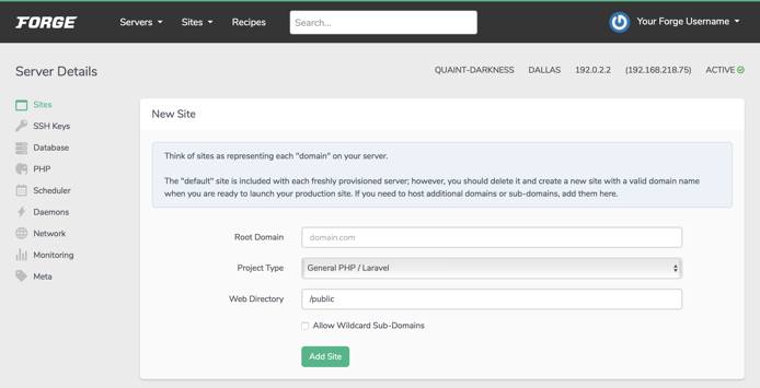 The form for creating a new site on your server New Site Form