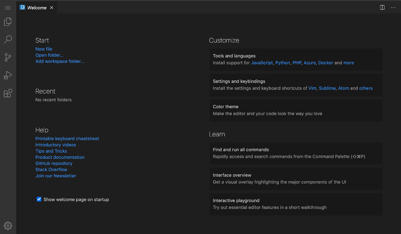 VS Code Welcome Screen